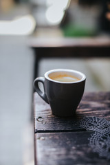 Cappuccino or latte with frothy foam. coffee cup. Cafe and bar, barista art concept. Coffee with milk.