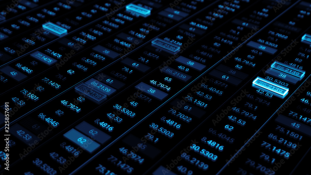 Poster 3d render abstract background with stock market digits. financial concept. stock market data on disp