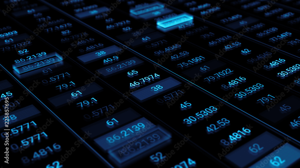 Poster 3d render abstract background with stock market digits. financial concept. stock market data on disp
