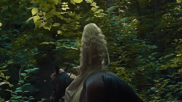 Fantasy girl riding a horse in a woods, magical surroundings. View from behind of a charming blondie on a horse enjoying nature, forest views.