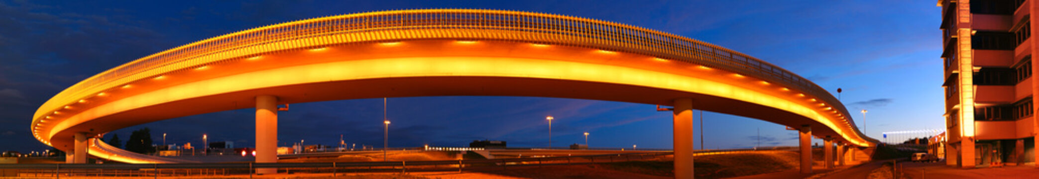 Lighted round bridge at night