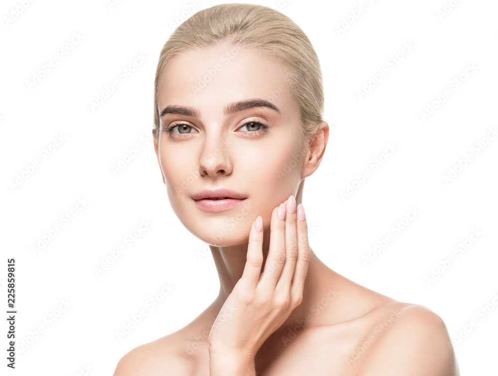 Wall mural healthy skin face closeup woman isolated on white female with natural makeup blonde hair beauty