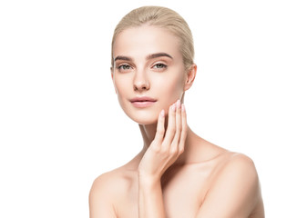 Healthy skin face closeup woman isolated on white female with natural makeup blonde hair beauty