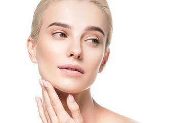 Healthy skin face closeup woman isolated on white female with natural makeup blonde hair beauty