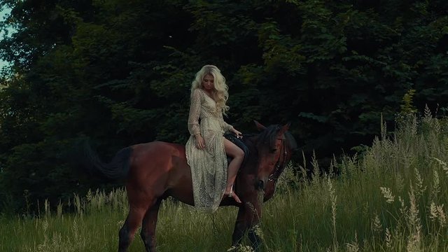 Sexual blonde woman is posing, sitting on horseback in a lawn in summer day. Horse is eating ears and grass, side view
