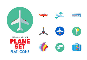 Plane Icon Set. Air Show Paper Flying Plane Big Jet Airplane Propeller Kids Light Old Target Plane Window Airplane Front View Hang-glider Aircraft