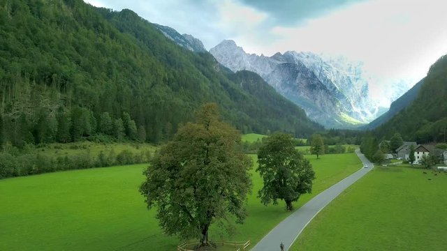 Aerial: Flying in front of beautiful green Logarska valley in Slovenia. Filmed on trip in Logarska dolina valley in Slovenia.