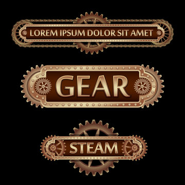 Mechanical banner decorated with brass gears and rivets on a black Steampunk background.
