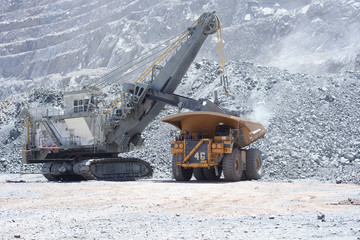 A backhoe loading a dump truck in an open pit copper mine