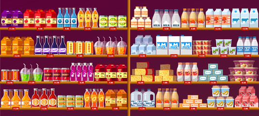 Juice drinks and dairy at shop shelves or showcase