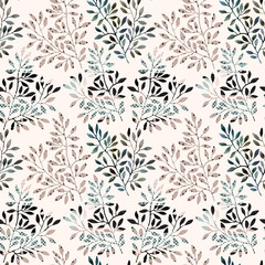 Watercolor seamless pattern - tree branches filled with minimal, doodle texture