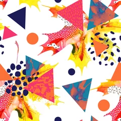Gordijnen Aquarel esdoornblad, driehoeken met minimale, grunge texturen, spatten © Tanya Syrytsyna