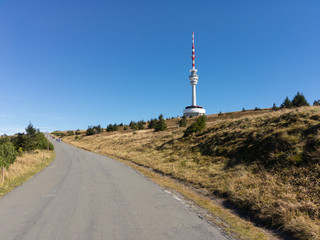 Praded, Jeseniky mountains, Czech Republic / Czechia - road to the top of the hill. Transmitter and...