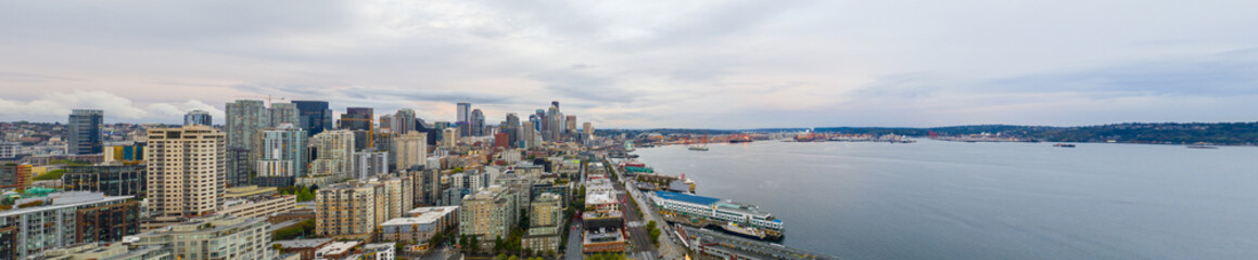 Obraz na płótnie Canvas Aerial panorama Seattle Skyline harbor port