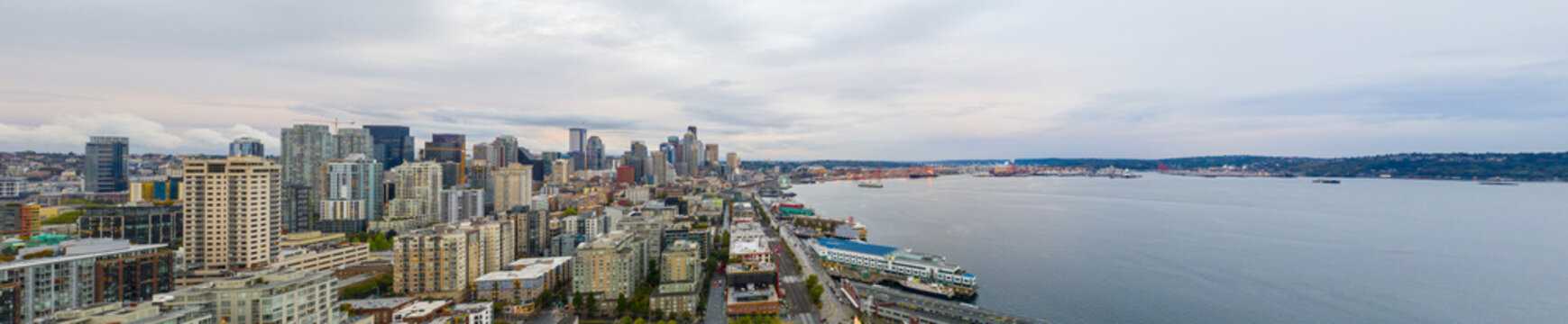 Aerial panorama Seattle Skyline harbor port