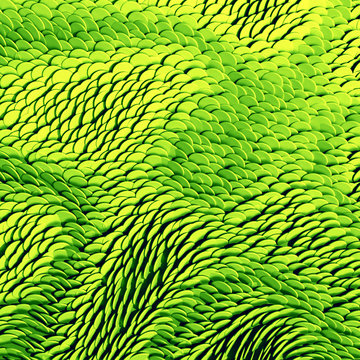 3d render, abstract wavy scales background, neon green, pattern, macro carpet texture
