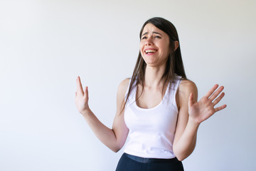 Emotional funny girl saying are you kidding me. Portrait of beautiful young woman do not believe....