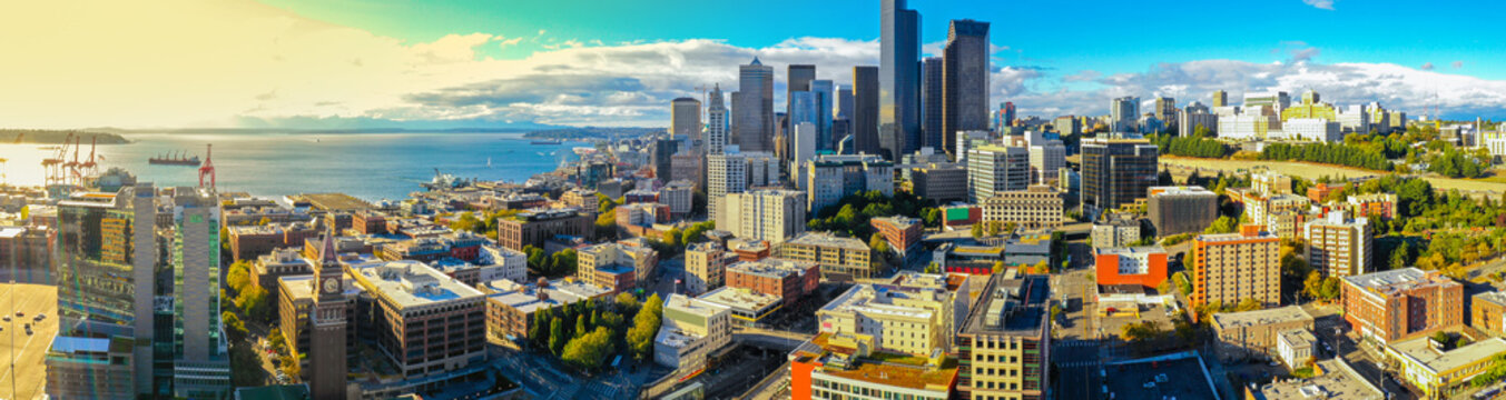 Aerial panoramic photo of Downtown Seattle