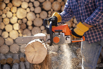 The worker works with a chainsaw. Chainsaw close up. Woodcutter saws tree with chainsaw on sawmill....