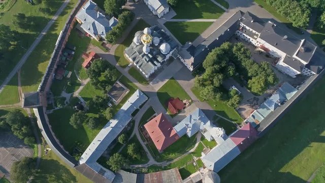 Aerial tilt view on Saint Sophia Cathedral and Novgorod Kremlin, Veliky Novgorod, Russia, 4k