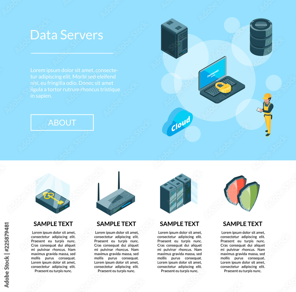Poster vector electronic system of data center icons landing page template illustration. connection compute