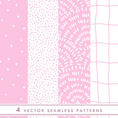 Collection of cute vector seamless patterns in pink and white colors. Minimalism style ornament for children and girls fabric and textile.