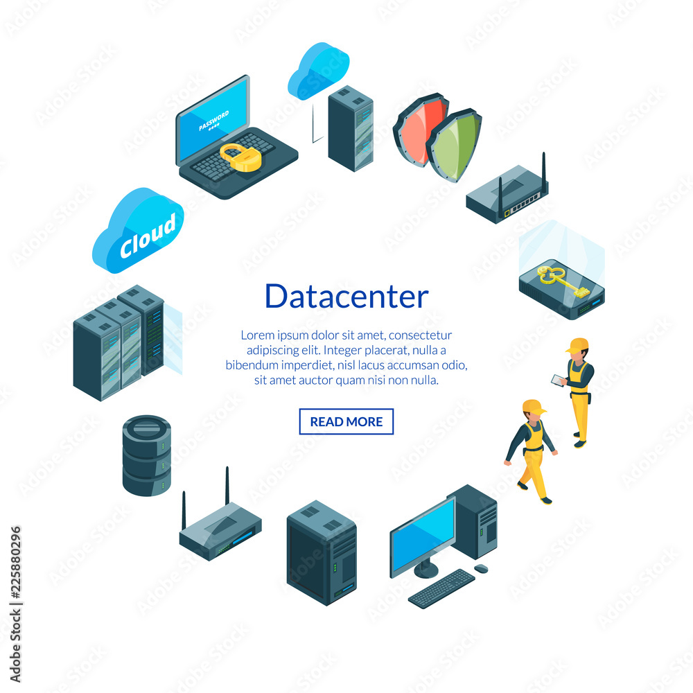 Poster vector electronic system of data center icons in circle shape with place for text illustration