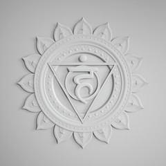 abstract white embossed paper Vishuddha chakra symbol, 3d modern illustration
