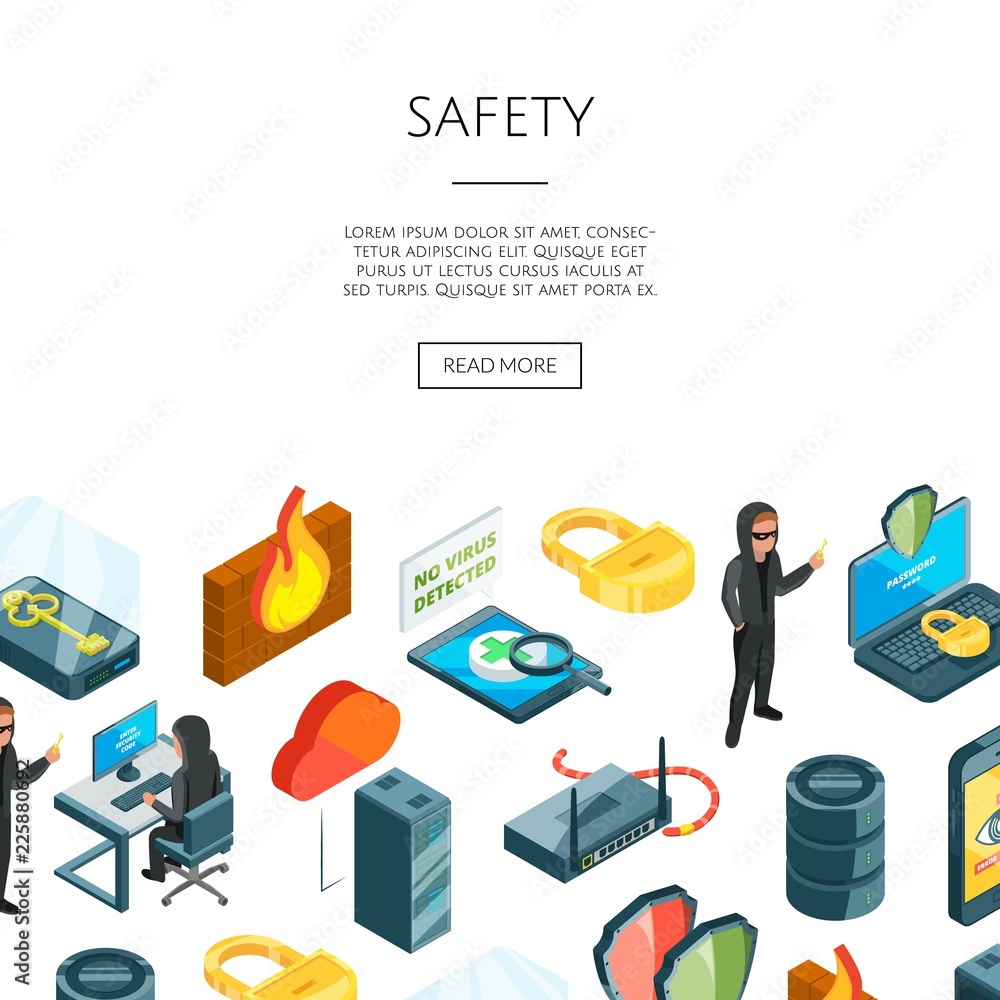 Poster vector isometric data and computer safety icons background with place for text illustration