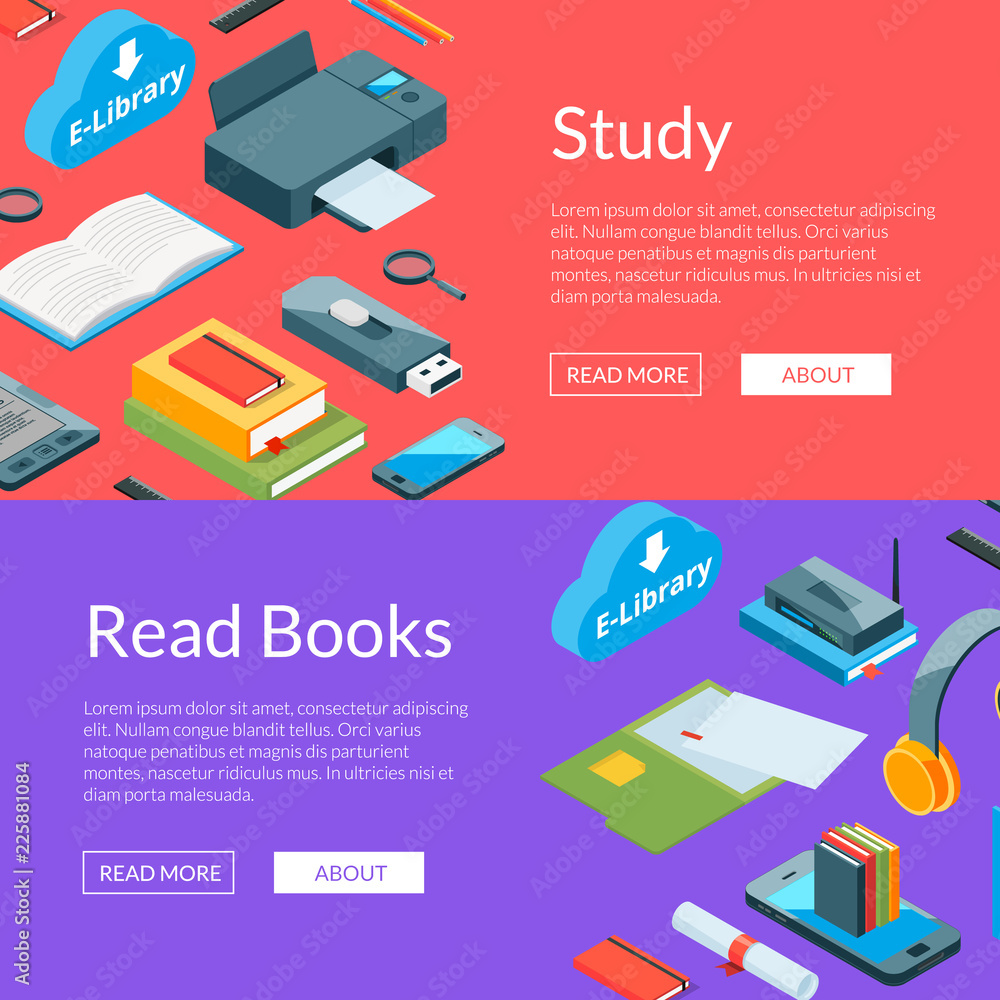 Sticker Vector isometric online education icons web banner templates illustration. Banner read book and study