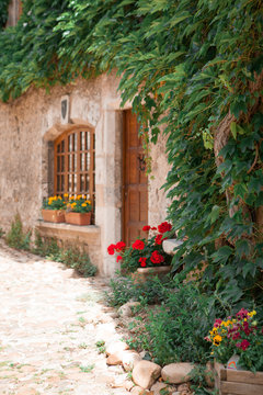 Old stone houses with grapes on the wall. Beautiful street with red flowers in the small town. Ancient medieval walled town Perouges. 