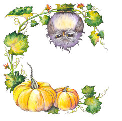 Autumn wreath with owl, pumpkins, leaves, flowers and branches. Watercolor border for design.