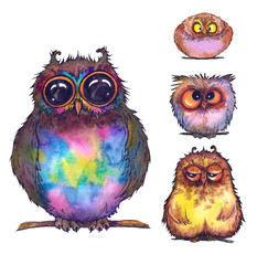 Set of funny owl characters. Isolated elements for design. Watercolor painting.