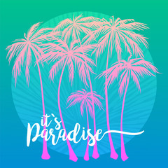 this is paradise poster, set of pink Palm trees silhouette on a blue background. Vector illustration, design element for congratulation cards, print, banners and others