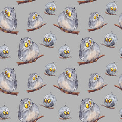 Seamless pattern with owls on grey background. Watercolor painted characters.