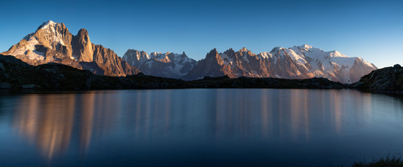 Panorama of the Alps near Chamonix, with Aiguille Verte, Les Drus, Auguille du Midi and Mont Blanc.