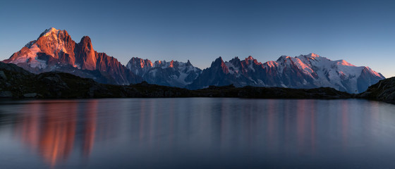 Panorama of the Alps at Lac des Cheserys during sunset. With Aiguille Verte,  Auguille du Midi and...