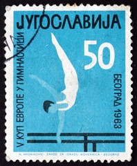 Postage stamp Yugoslavia 1963 gymnast on parallel bars