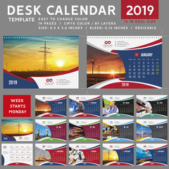 Desk calendar 2019, desktop calendar template, red calendar, Week starts on Monday, Vector Illustration, suitable for company, spiral calendar
