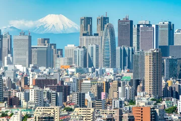 Fotobehang Tokyo, Shinjuku building cityscape and Mt. Fuji at Behind. © Phattana