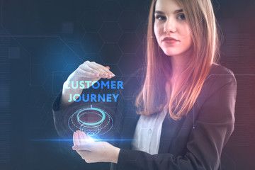 The concept of business, technology, the Internet and the network. A young entrepreneur working on a virtual screen of the future and sees the inscription: Customer journey