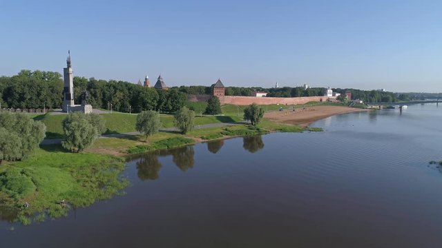Aerial view on Saint Sophia Cathedral and Novgorod Kremlin on Volkhov river, Veliky Novgorod, Russia, 4k
