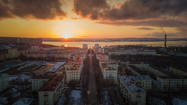 sunset over the city severomorsk