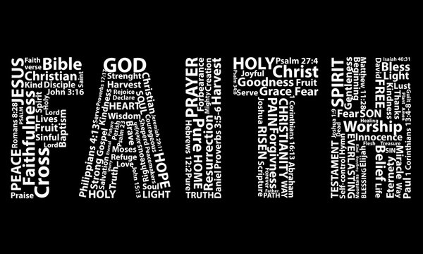 Word faith in white written with christian words on black background. Christian background