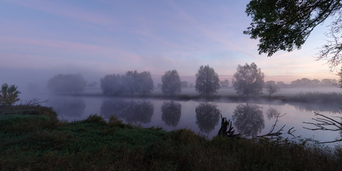 Fototapeta na wymiar Spiegelung einer Baumreihe an einem See vor dem Sonnenaufgang 