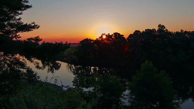 aerial view of river at sunrise, forest and river in morning mist,  Flying over the river green trees at sunrise, Aerial view of mystical river at sunrise with fog