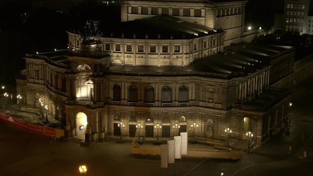 Dresden night scene Drone aerial Semperoper, Katholische Hofkirche, Frauenkirche, Kunsthochschule