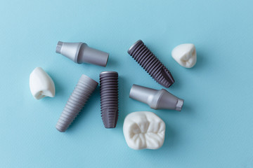 This model shows that teeth have been capped and the stainless pin in the gums. blue background