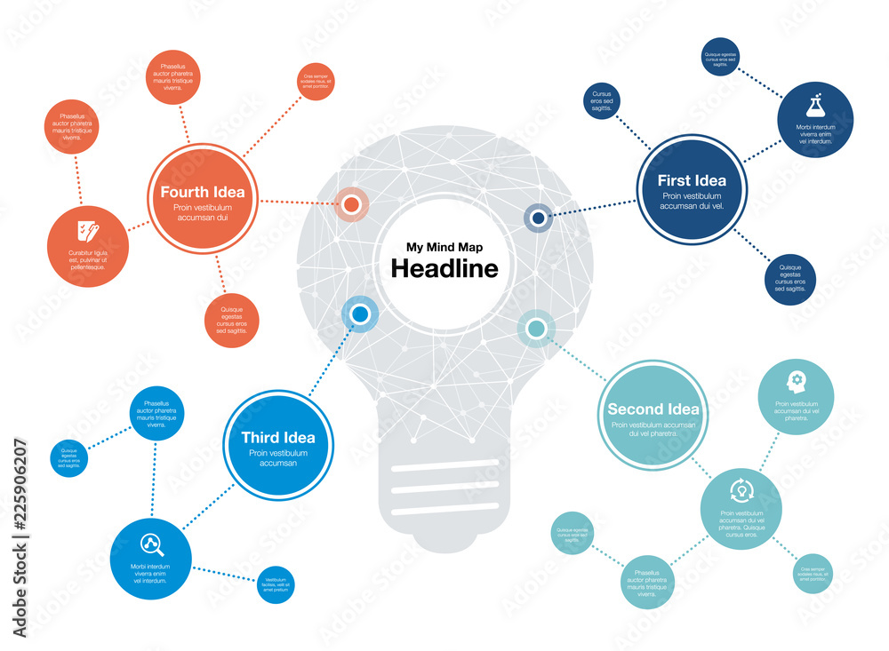 Aufkleber Infographic for mind map visualization template with light bulb as main symbol and colorful circles, isolated on light background. Easy to use for your website or presentation.