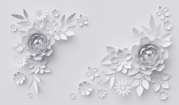3d render, abstract white paper flowers, horizontal floral background, decoration, greeting card template